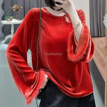 2023 nové čínske ženy hanfu tang vyhovovali blúzka žena jeseň zima kolo golier dlhý rukáv thicked módny štýl blúzka s911